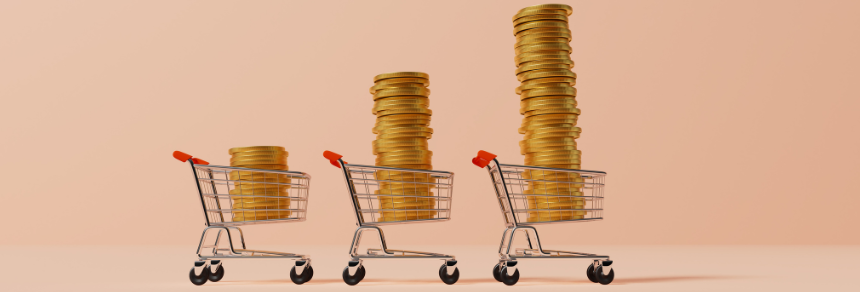 Picture of shopping trolleys with increasing stacks of coins inside